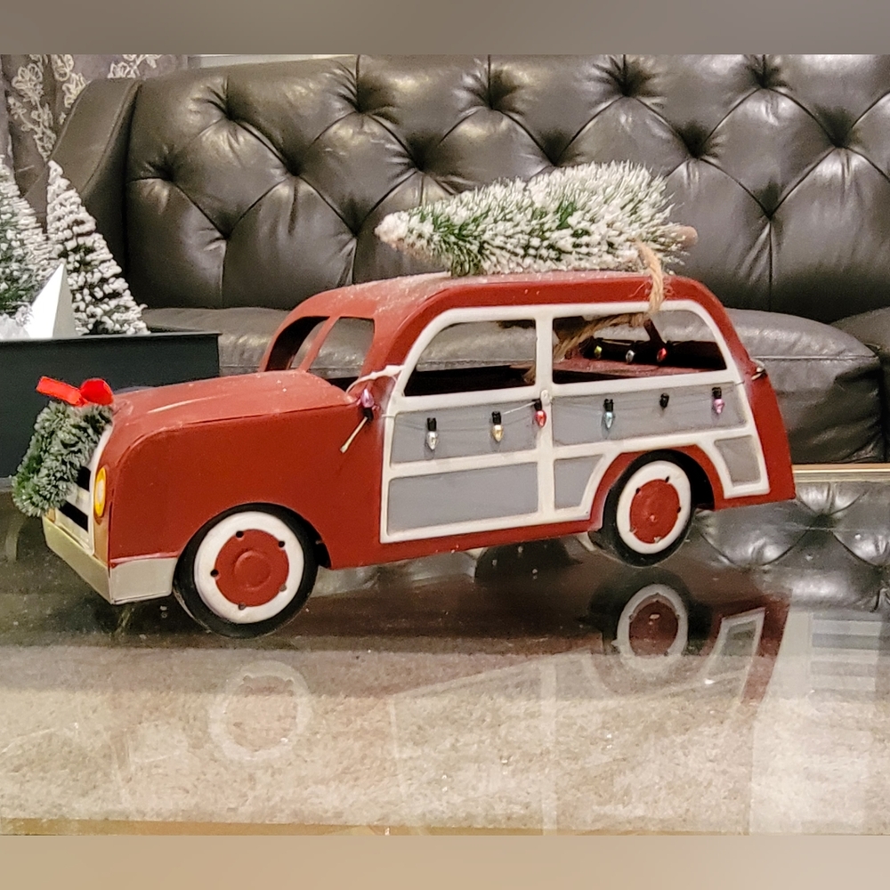Truck- Christmas Decor Red Station Wagon/Car-Tree Lights/ Wreath/ Vintage